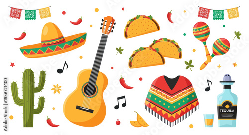 Mexican Fiesta Elements: Guitar, Tacos, Sombrero, Poncho, Maracas, Cactus, Tequila