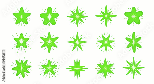 Set of Green Sparkle Stars and Shine Icons, Isolated on White Background