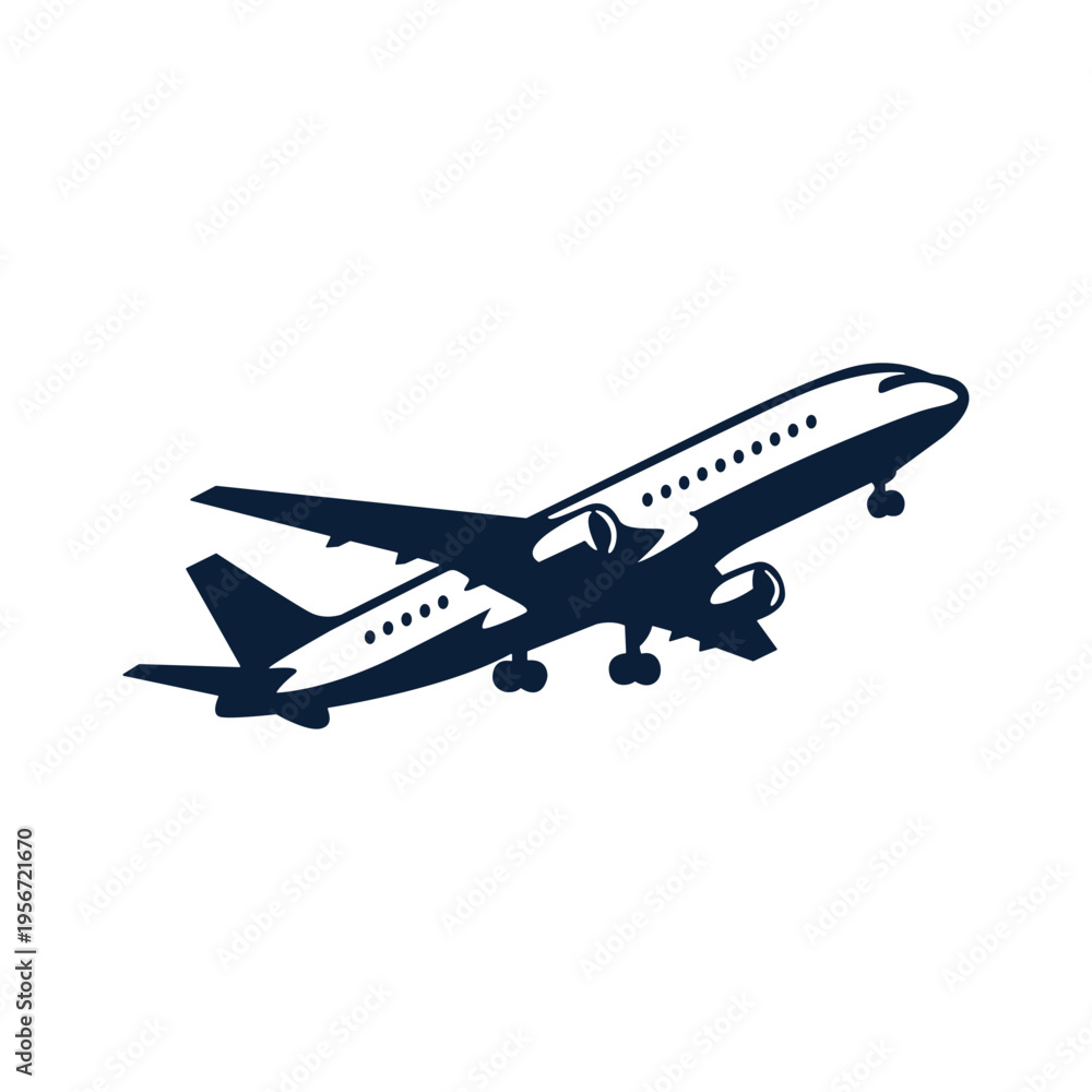 Obraz premium Modern Airplane Silhouette Vector – Commercial Jet Taking Off Illustration, Minimal Aviation Icon
