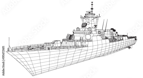 Wireframe 3D Model of Modern Navy Warship Blueprint and Technical Concept Illustration