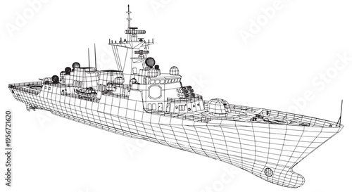 Wireframe 3D Model of Modern Navy Warship Blueprint and Technical Concept Illustration