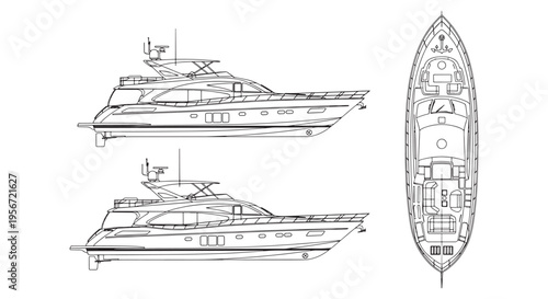 Luxury Motor Yacht Blueprint and Deck Plan Technical Line Drawing of Side Elevations and Top View