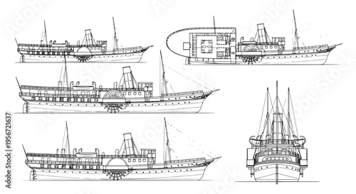 Paddle Steamer Ship Technical Line Drawing in Multiple Views — Vintage Steamship Blueprint Illustration