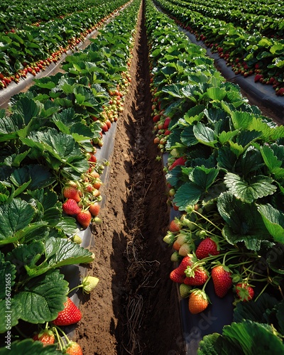 Rows of ripe strawberries flourish in a vibrant field, a testament to nature's bounty and the art of cultivation