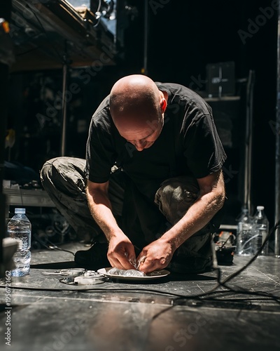 A man crouches attentively over a surface, with bottles and wires scattered around him. He appears to be deeply focused on his task, bathed in dim light