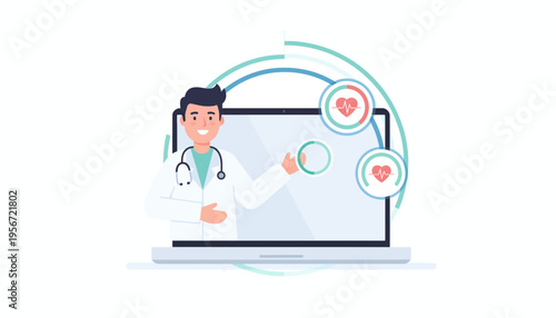 Online doctor consultation through a laptop, with healthcare icons and virtual connection lines