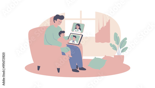 Father and son engaging in a virtual video call from home, fostering connection and remote consultation through modern technology