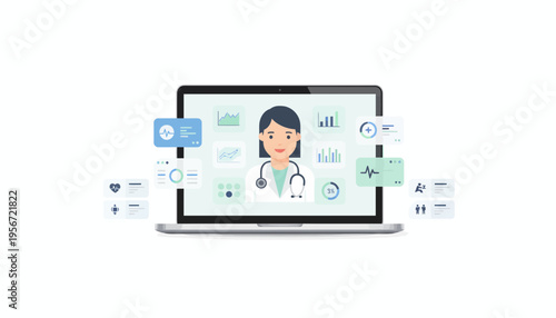 Virtual medical consultation on a laptop screen, depicting a female doctor avatar surrounded by health data and patient care icons for remote healthcare services