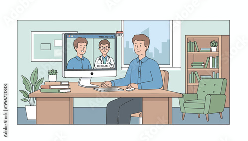 A man engages in an online consultation with healthcare professionals via a video call on his computer, showcasing modern virtual medical appointments and remote care