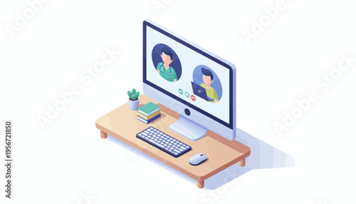 Contemporary isometric illustration featuring a computer monitor displaying a vibrant video call, symbolizing effective online communication, remote work, and virtual meetings for modern collaboration