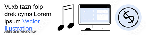 Music streaming, online content creation, digital economy, financial management, web design, productivity apps. Black music notes, computer screen and money symbol. Music streaming and online