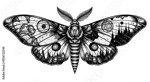 Surreal Moth with Cosmic and Cityscape Wing Patterns