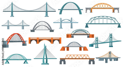 Collection of diverse bridge designs, spanning different architectural styles and engineering marvels.