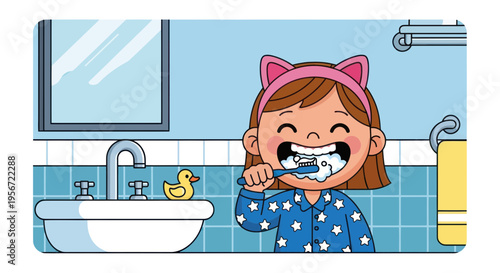 Happy girl brushing teeth in bathroom with rubber duck