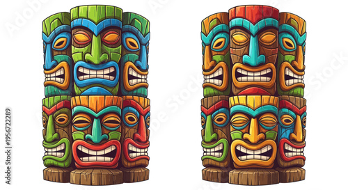 Colorful Tiki Totem Masks Stacked, Tropical Island Art, Polynesian Culture, Tribal Decoration