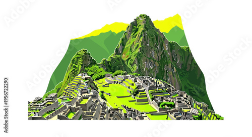 Machu Picchu ancient Inca citadel in the Andes mountains, Peru, lush green landscape