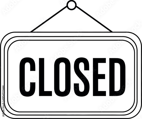 Minimalist closed sign vector icon, hanging shop door plaque illustration, black and white retail business signage