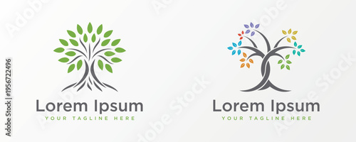 Colorful tree logo designs with intertwined roots and vibrant foliage  representing growth life and nature s interconnectedness