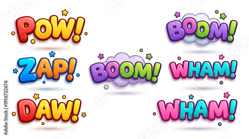 Colorful 3D Cartoon Comic Book Sound Effect Words - POW, BOOM, ZAP, DAW, WHAM