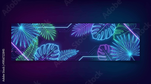 Vibrant neon tropical foliage glowing in futuristic dark backdrop, ideal for modern digital designs, party banners, and synthwave aesthetic