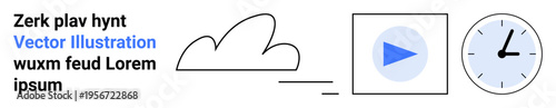 Time management, media streaming, scheduling, progress, digital interface, cloud storage. Cloud shape, play button analog clock icons displayed in a clean layout. Time management and media streaming