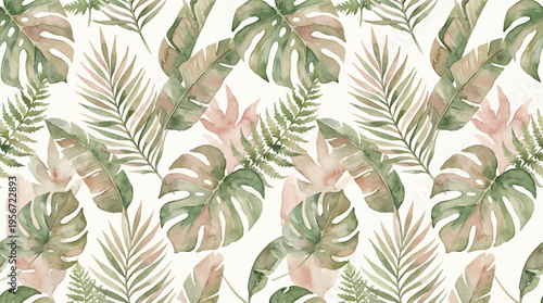 Seamless watercolor pattern featuring an array of lush tropical leaves and botanical foliage in soft green and earthy tones, perfect for textile and wallpaper designs