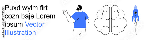 Innovation, creativity, teamwork, brainstorming, vision, solutions. Minimalist design of a man pointing, a brain and a rocket. Innovation and creativity through ideas and progress