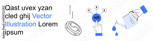 Human resources, economic growth, nurturing potential, business strategy, teamwork, innovation. A hand points to HR, coin s finance watering can nurturing growth. Human resources and economic growth