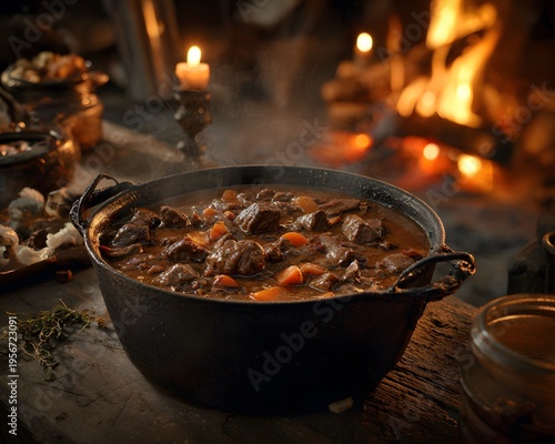 Hearty Medieval Stew Simmering by Firelight in a Rustic Cast Iron Pot