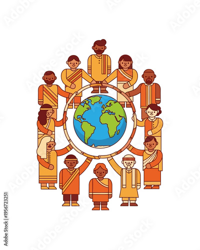 Diverse group of people from various cultures holding hands around the globe, symbolizing global unity, peace, and cultural diversity.