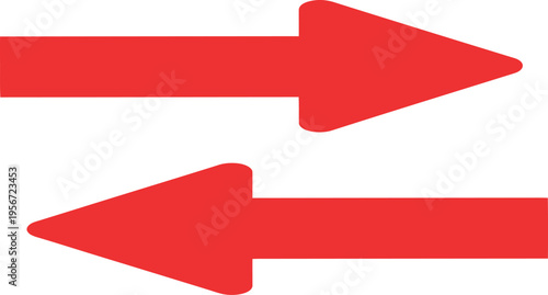Two bold red flat vector arrows pointing right and left, representing direction, exchange, or comparison