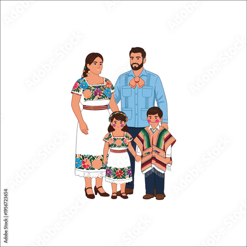 Illustration of Family in Traditional Folk Clothing, Cultural Heritage Vector