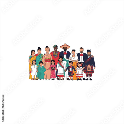 Diverse People Wearing Traditional Attire, Multicultural Heritage Group Illustration