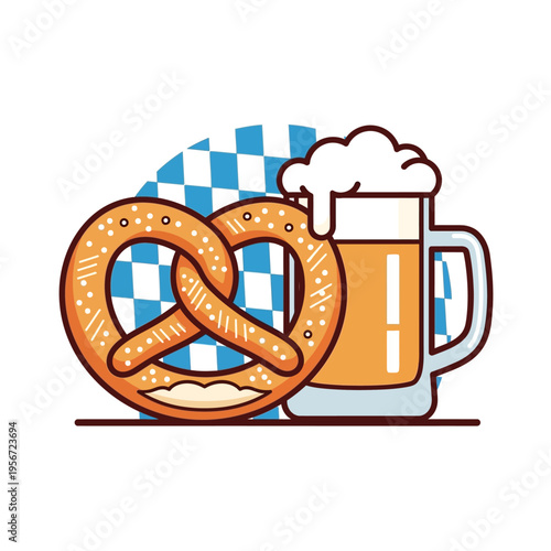 Illustrated Bavarian pretzel and frothy beer mug with Oktoberfest theme.
