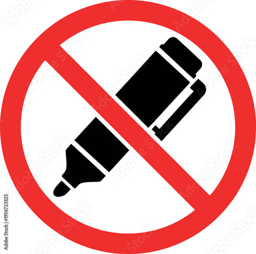 No marker pen sign vector icon. Black marker pen with red forbidden circle. Do not write symbol.
