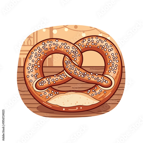 A close-up illustration of a large, golden-brown pretzel sprinkled with salt, resting on a wooden surface with blurred lights in the background.