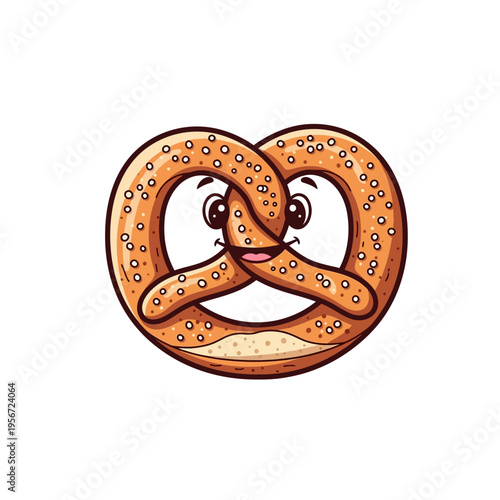 A cheerful cartoon pretzel with a smiling face and salt sprinkles, depicted on a clean white background.