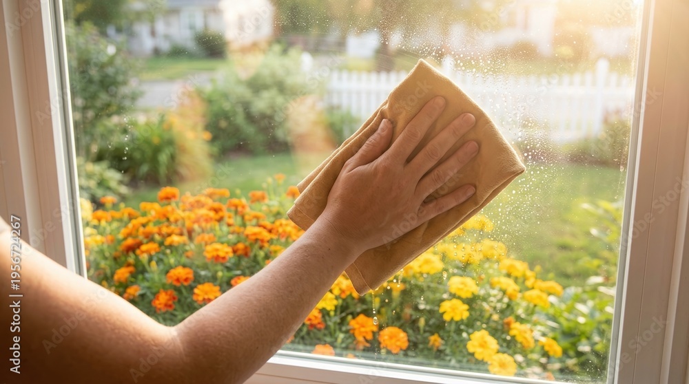 Naklejka premium Cleaning, window, glass, cloth, hand, wiping, housekeeping person using microfiber rag to wash dirty windowpane in home with sunny garden view during spring cleaning routine chores.