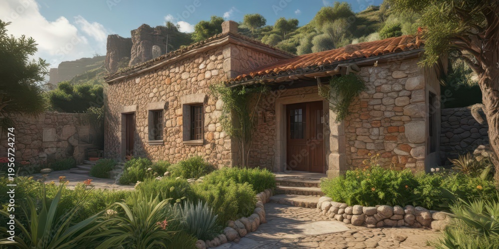 Fototapeta premium Traditional Canarian stone house with overgrown garden , tropical foliage, gray stone wall, natural shelter