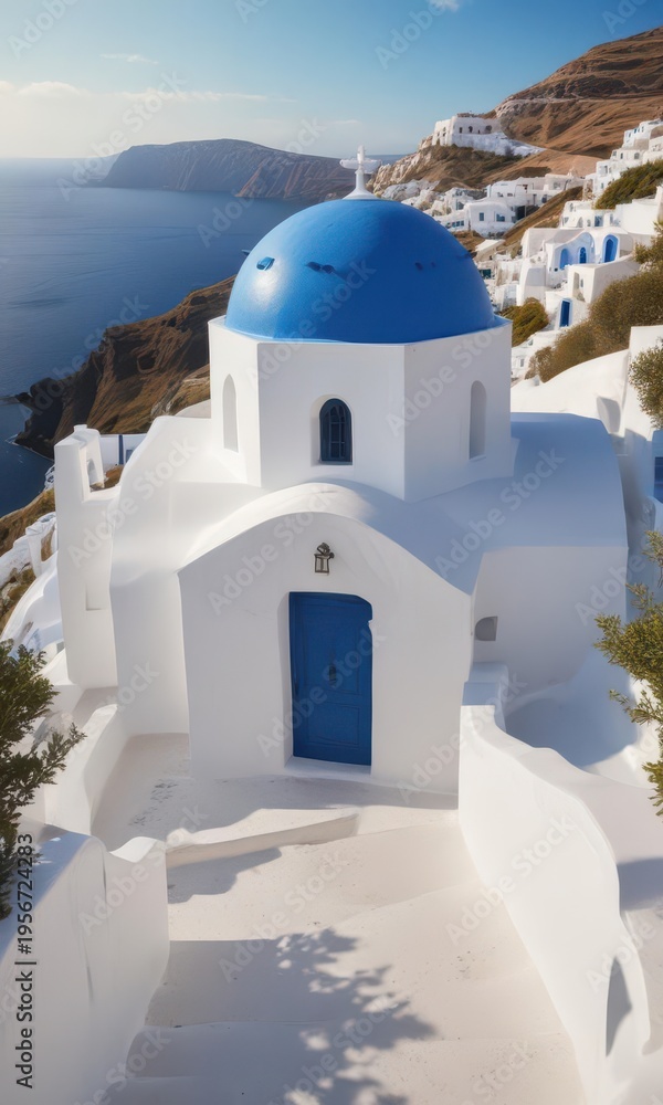Fototapeta premium Traditional whitewashed Greek chapel with a blue domed roof in Santorini's picturesque landscape, whitewash, island of santorini , santorini architecture