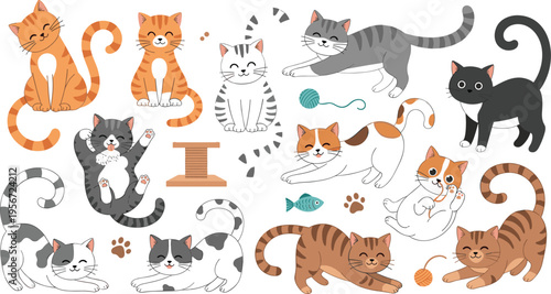 Collection of cute cartoon cats and kittens in various poses such as stretching, playing with yarn, sitting, and lying down isolated on white background.