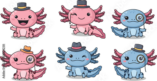 Cute cartoon axolotl character set wearing gentleman hats and monocles in pink and blue colors isolated on white background for creative design projects.