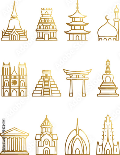 Collection of iconic landmarks from around the world in gold line art on a white background.