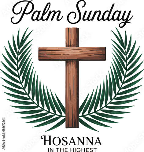 Palm sunday wooden cross with green branches for religious celebration
