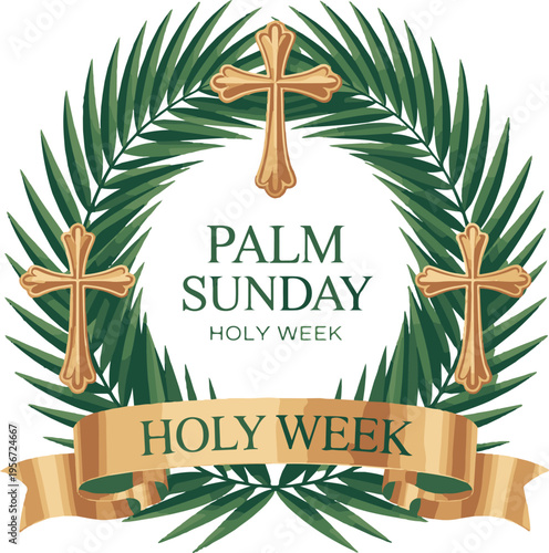 Ornate golden crosses with palm leaf wreath and ribbon for holy week