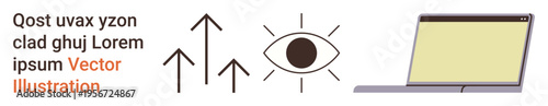 Vision enhancement, digital growth, technology innovation, online learning, creative tools, business strategy. Central eye with arrows and a laptop. Vision enhancement and digital growth concept