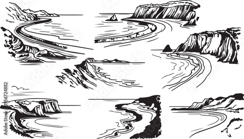 Collection of coastal cliff and river landscapes on transparent background