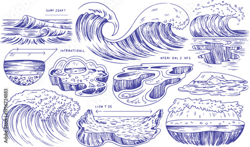 Sketch of ocean waves and tidal zones on transparent background