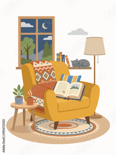 Cozy evening scene with a yellow armchair, open book, warm blanket, and a sleeping cat by the window.