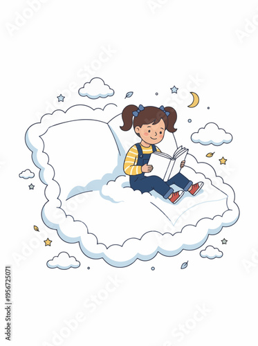 A cute cartoon girl with pigtails reading a book while sitting on a large fluffy cloud in a whimsical dreamlike sky with stars and a crescent moon.